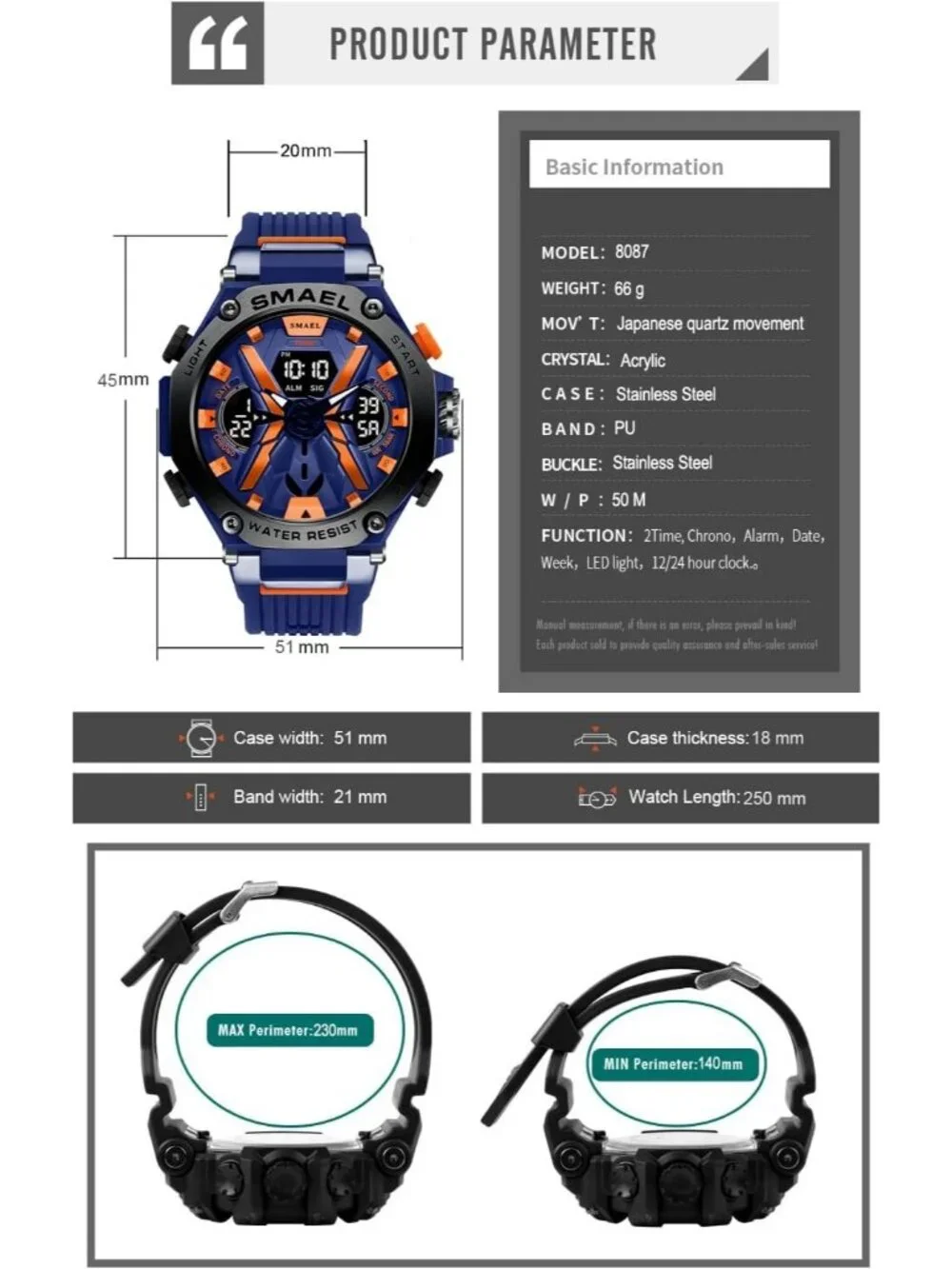 Men's All Blue Analog Quartz Sports Waterproof Military Alarm LED Digital Watch